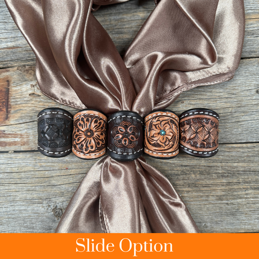 Tooled Leather Wild Rag Slides - Assorted: TEAL DOT FLORAL