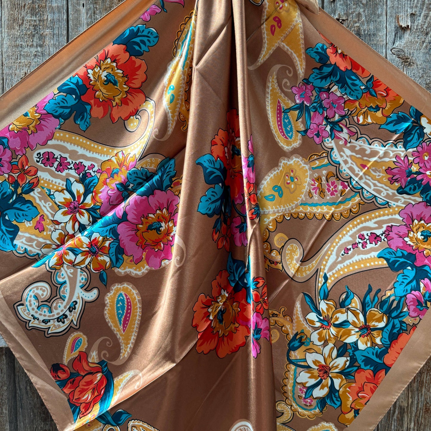 35X35" Tan Big Floral Wild Rag / Scarf WR1021