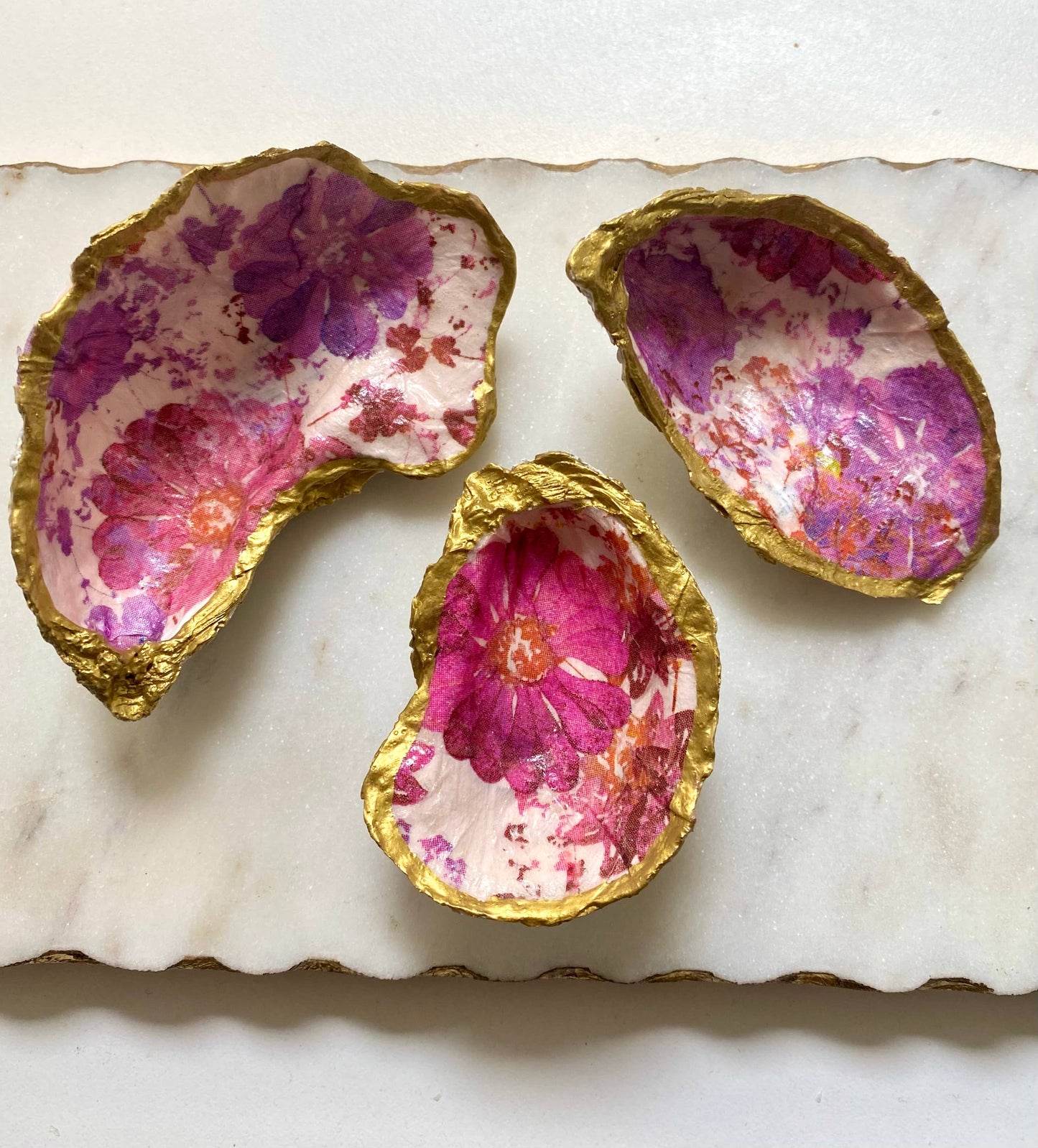 Magenta Floral Oyster Shell Jewelry Dish: Large