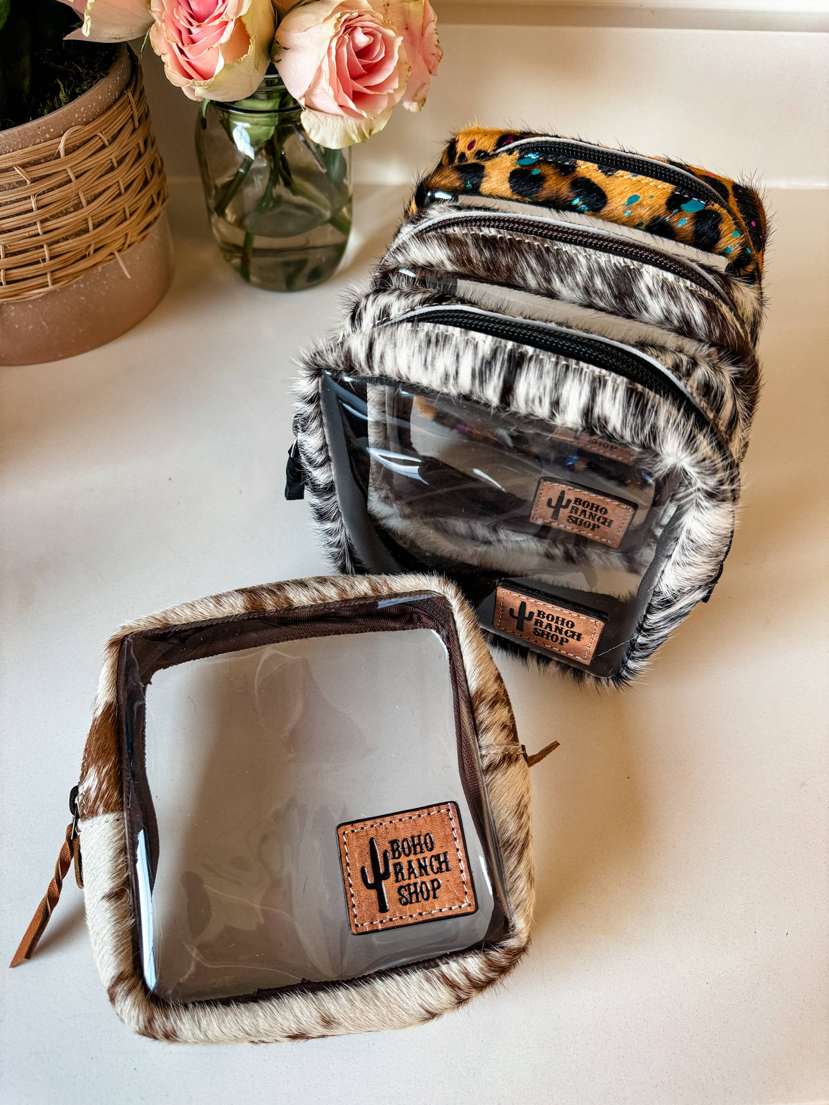 Cowhide Cosmetic Clear Case - Toiletry Makeup Travel Bag: LEOPARD + RAINBOW SPECS