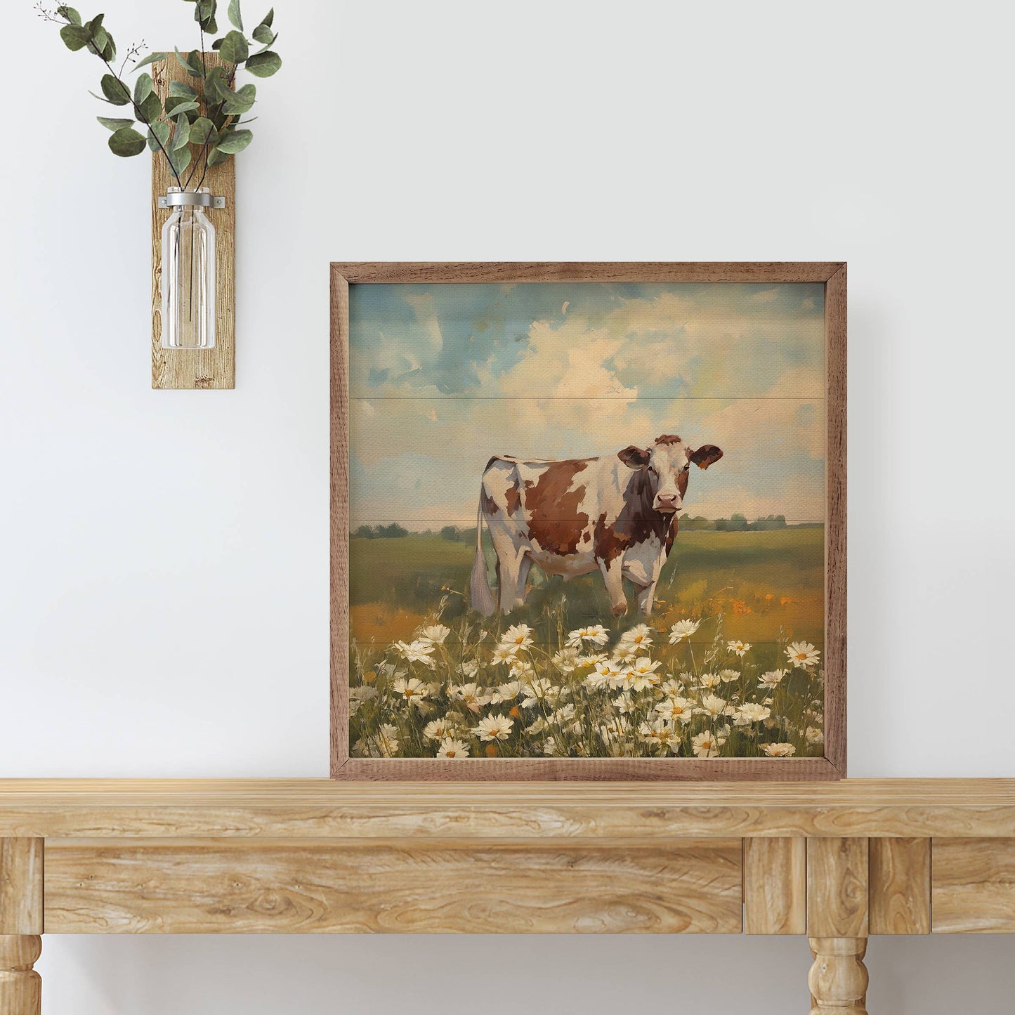 Red And Brown Holstein With Flowers: 16x16