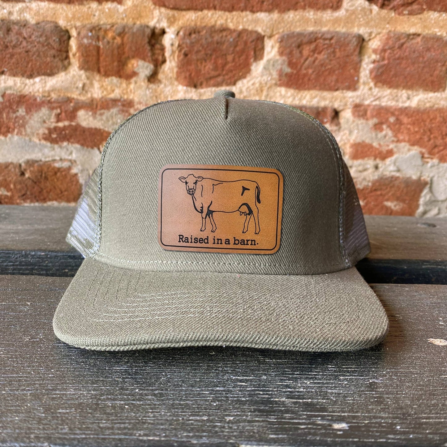 Raised in a barn Cow Country Western Farm Kids Trucker Hat : Green