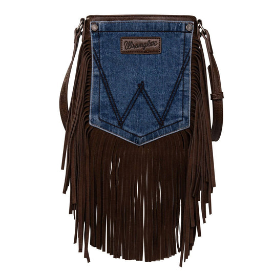 Wrangler Leather Fringe Jean Denim Pocket Crossbody: Coffee