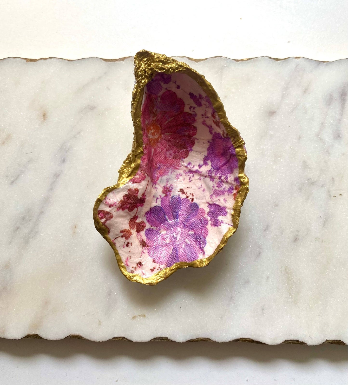 Magenta Floral Oyster Shell Jewelry Dish: Large