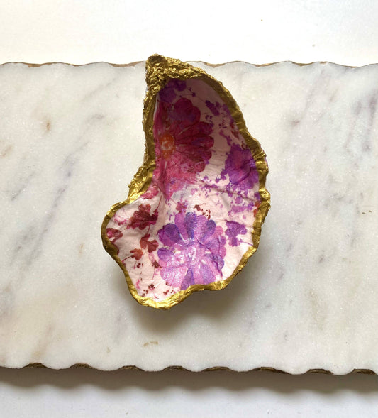 Magenta Floral Oyster Shell Jewelry Dish: Large