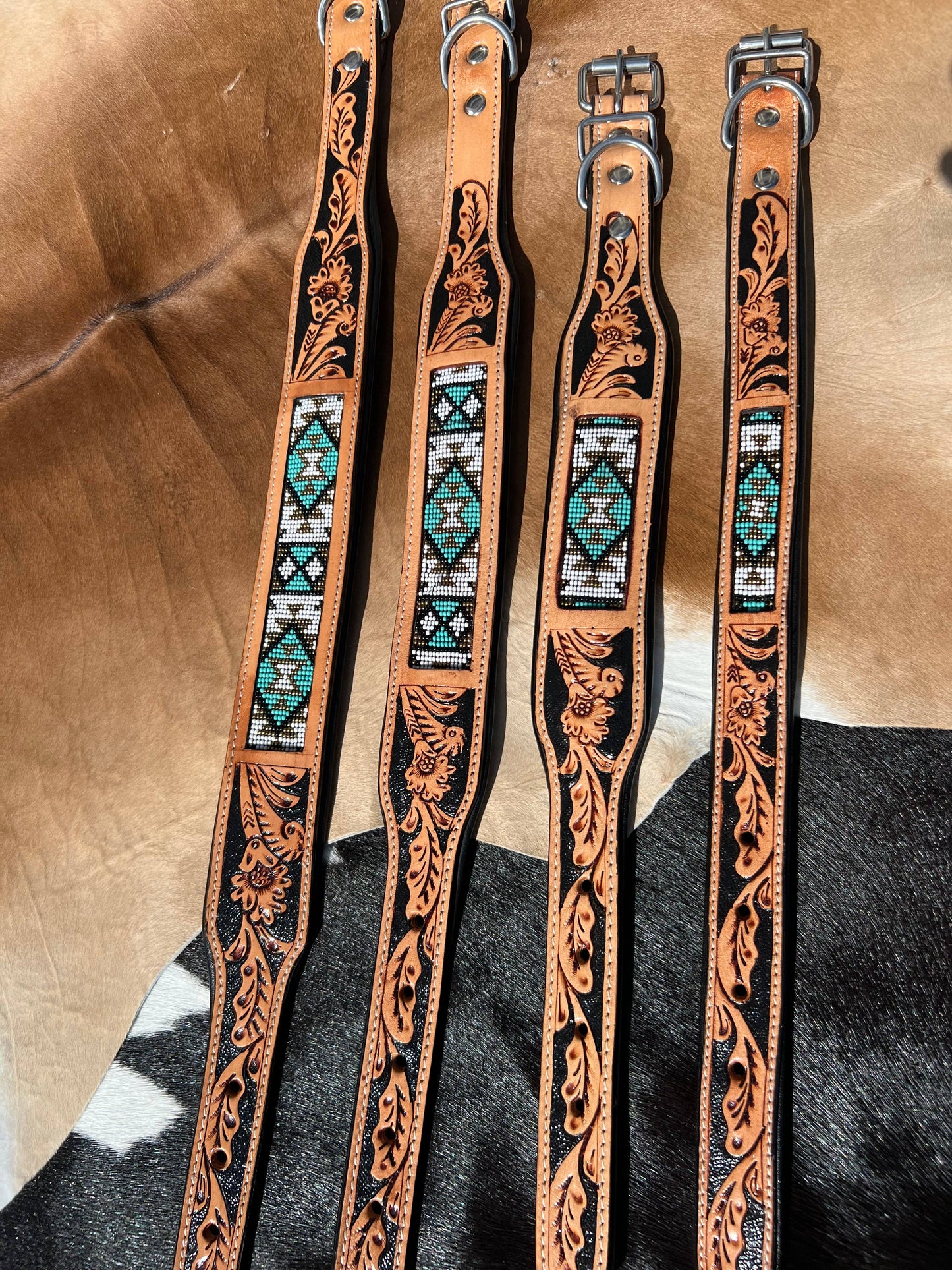 Southwestern Western Tooled Leather Beaded Dog Collar - Turq: Medium