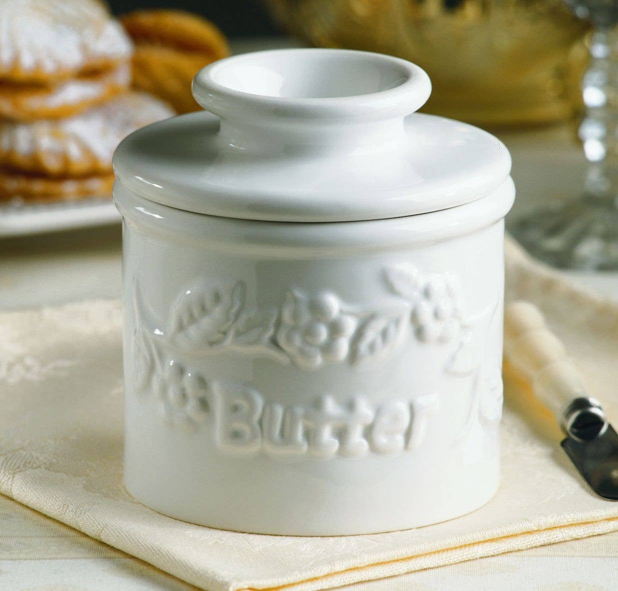 The Original Butter Bell® Crock - White Raised Floral