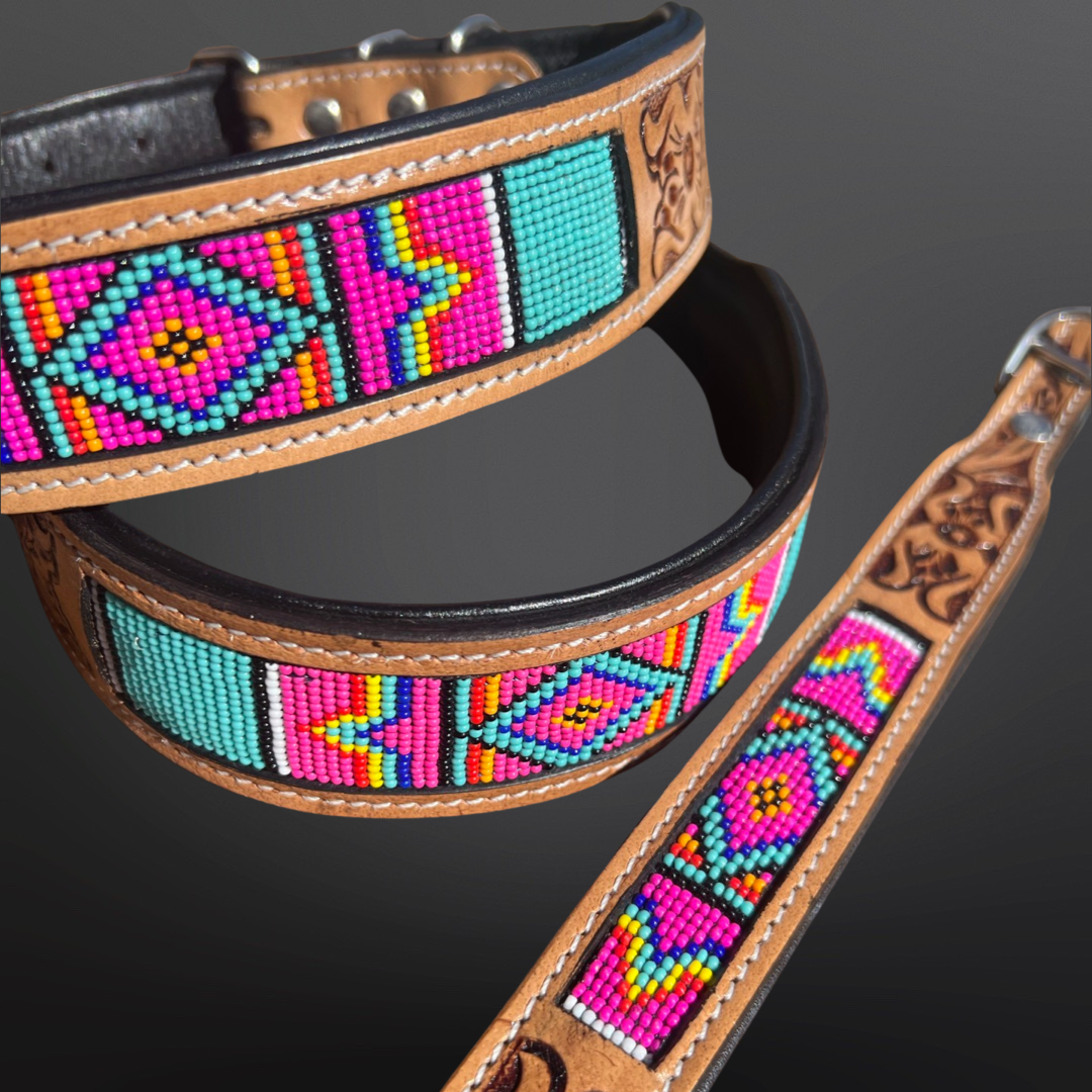 Beaded Dog Collar with Saddle Leather: Pink Turquoise/ Small
