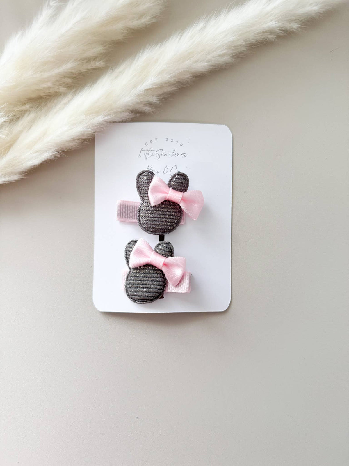 Pink Bow Bunny Hair Clips- Set of 2: Gray