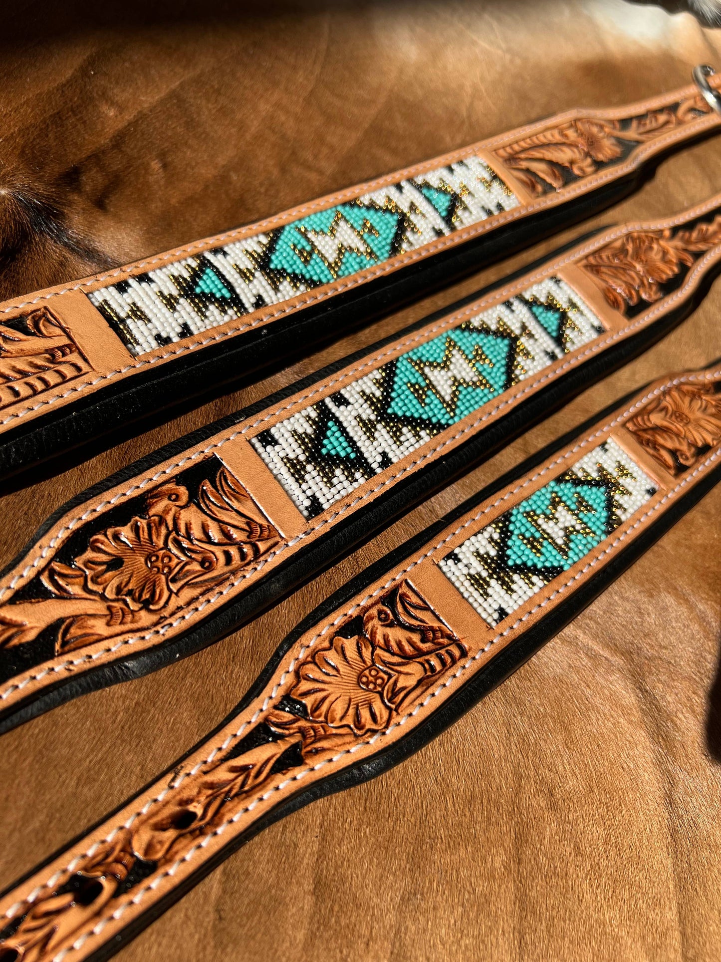 Southwestern Western Tooled Leather Beaded Dog Collar - Turq: Medium