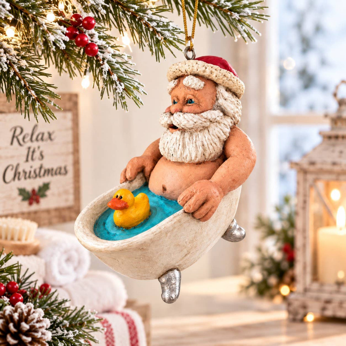 Santa in a Tub Christmas Ornament