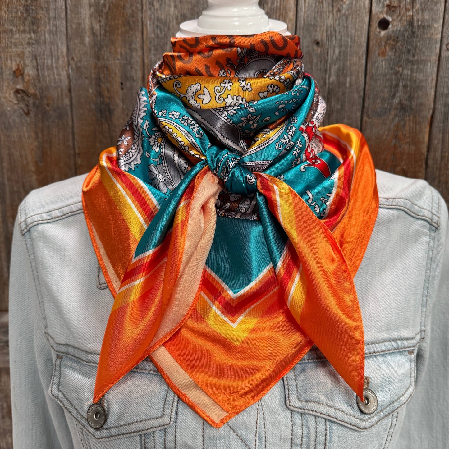 Orange and Turquoise Horse Shoe Paisley Wild Rag - Western Scarf