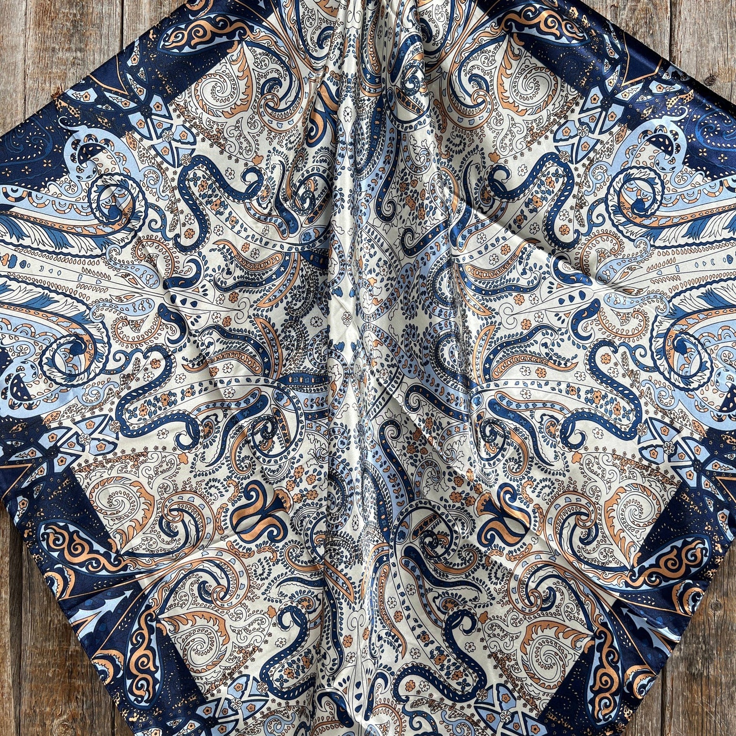 35X35"  Blue, Cream and Tan Paisley Wild Rag / Scarf WR1002