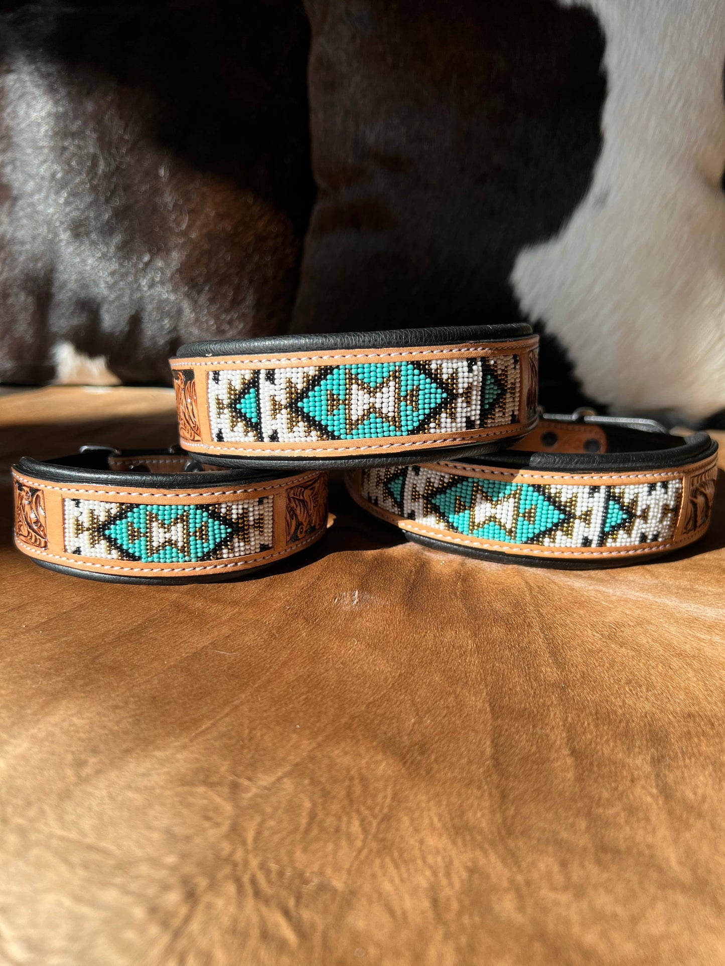 Southwestern Western Tooled Leather Beaded Dog Collar - Turq: Medium