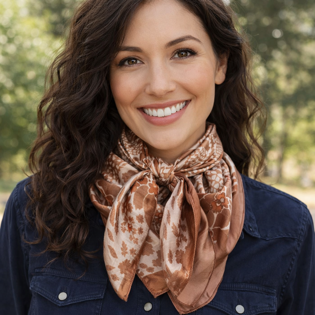 Cream and Brown Floral Wild Rag - Western Scarf