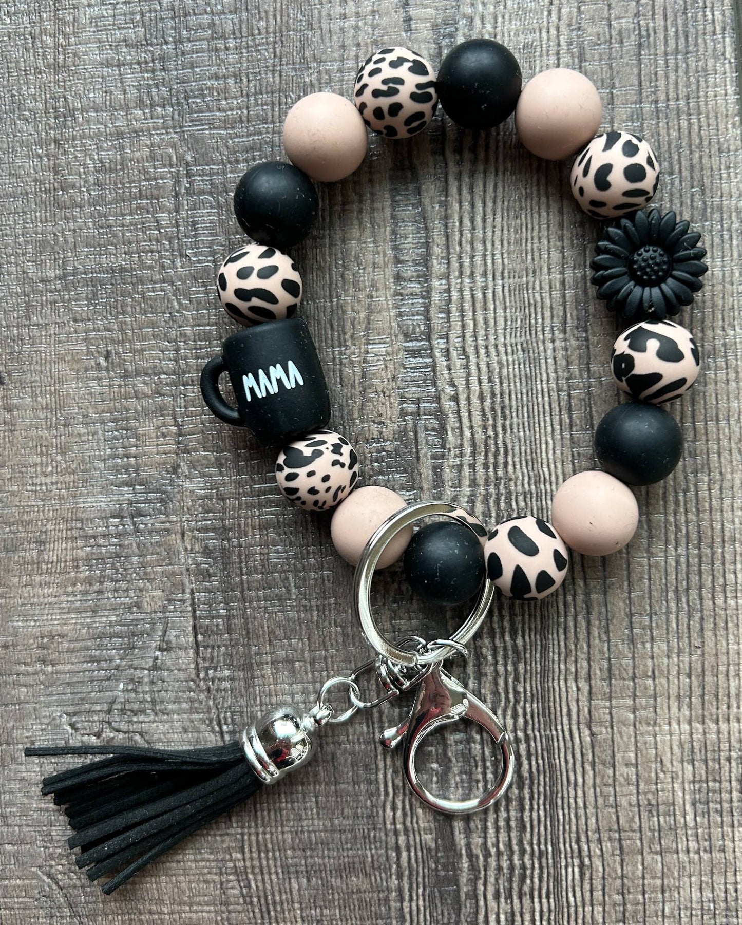 Mama & Coffee Mug Black Daisy Leopard Wristlet Keychain