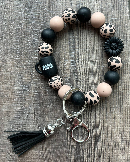 Mama & Coffee Mug Black Daisy Leopard Wristlet Keychain