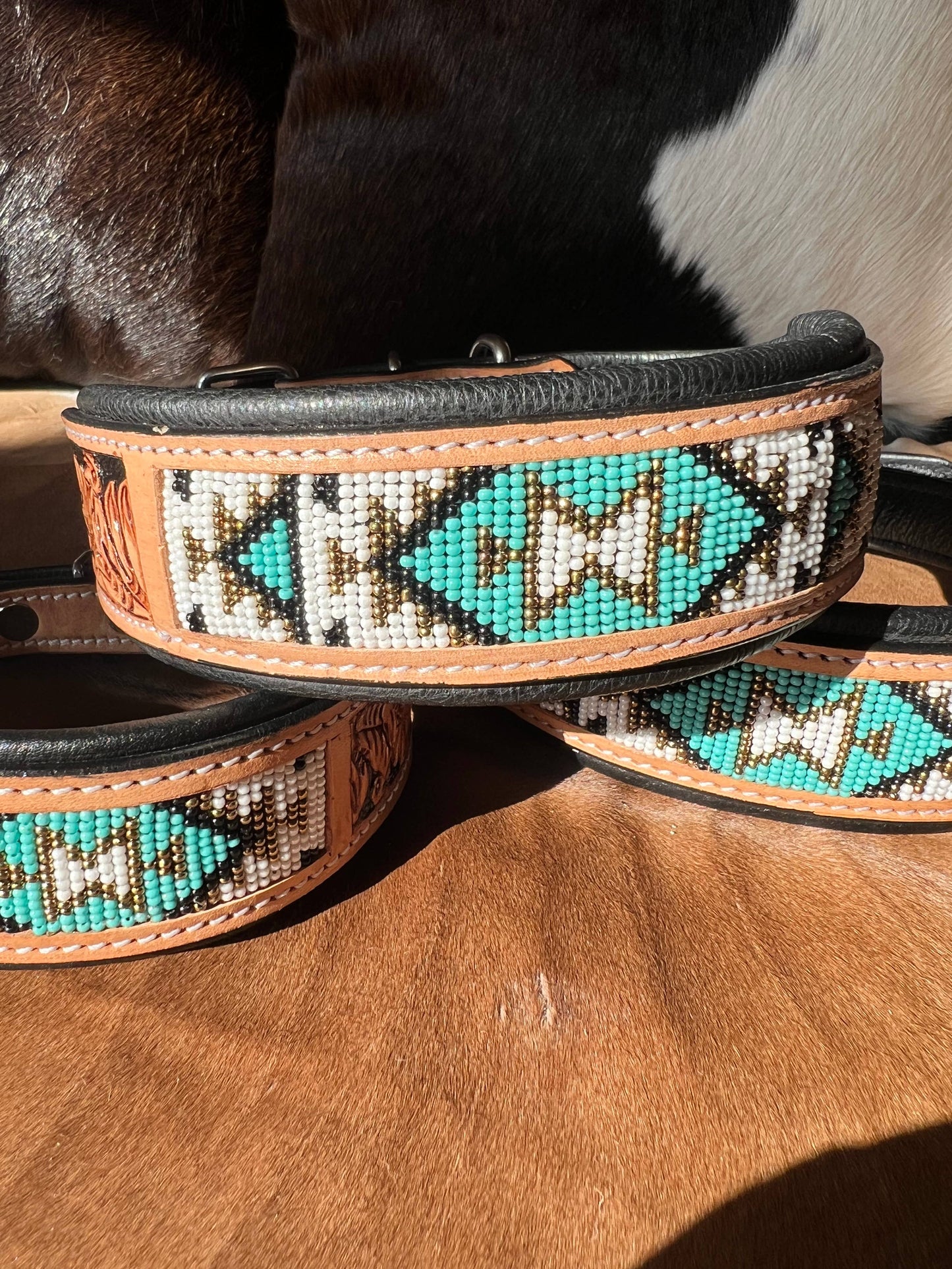 Southwestern Western Tooled Leather Beaded Dog Collar - Turq: Medium