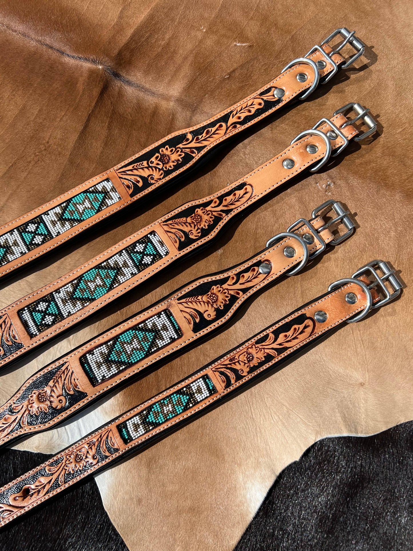 Southwestern Western Tooled Leather Beaded Dog Collar - Turq: Medium
