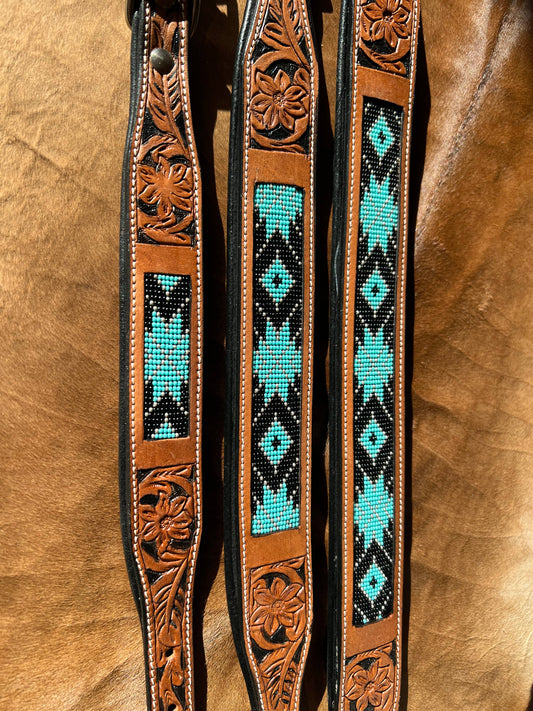 Beaded Dog Collar with Saddle Leather: Turquoise & Black/ Large