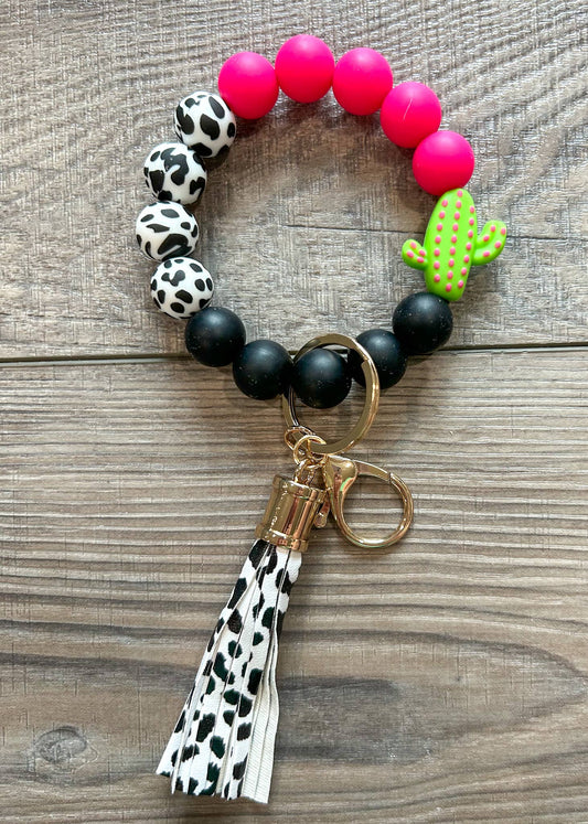 Pink and Black Cute Cactus Silicone Keychain Wristlet