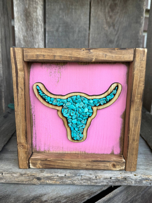 Steer with Stone Inlay Framed Sign: Small