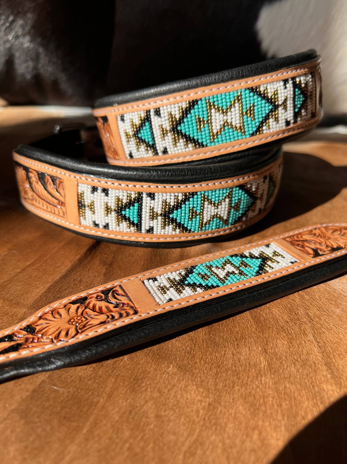 Southwestern Western Tooled Leather Beaded Dog Collar - Turq: Medium
