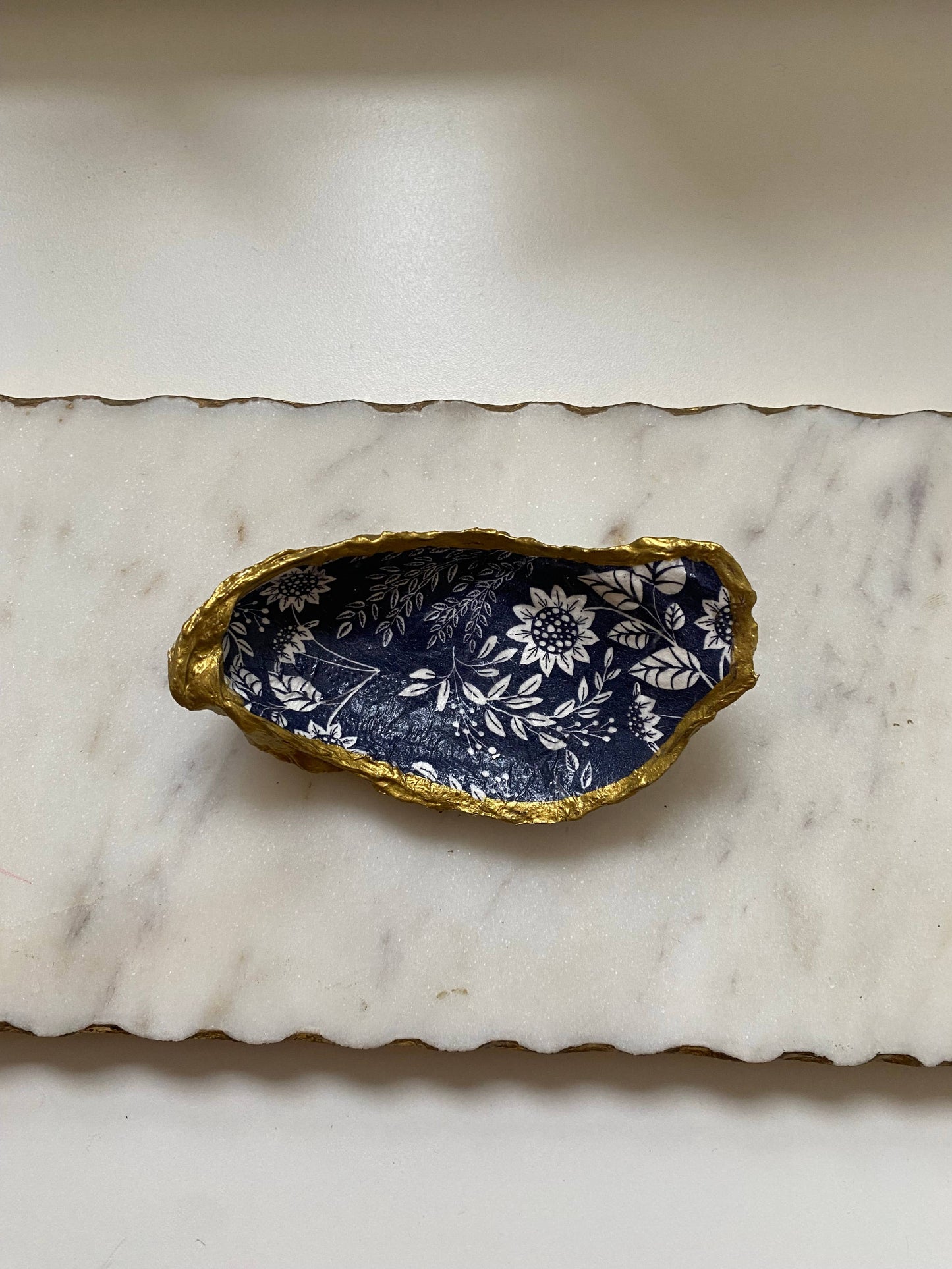 Navy Floral Oyster Shell Jewelry Dish: Small