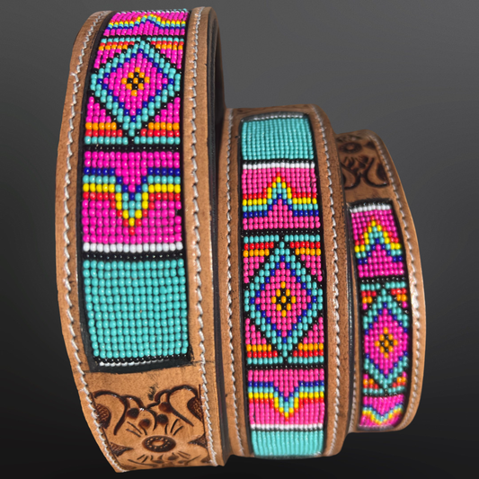 Beaded Dog Collar with Saddle Leather: Pink Turquoise/ Small
